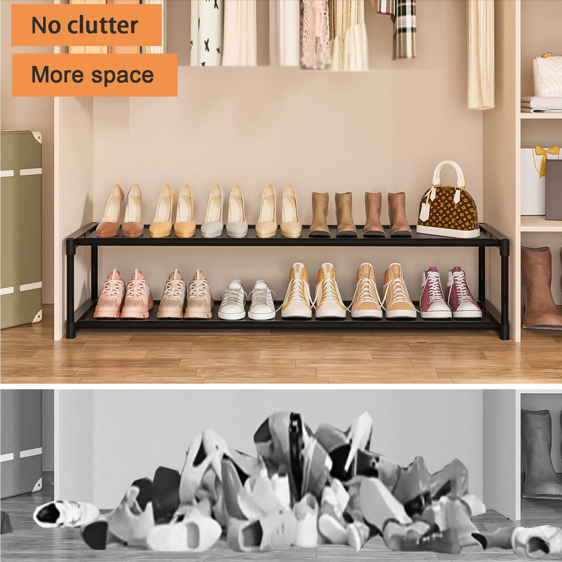 Long Shoe Rack Save Space 2 Tier, Sturdy Wide Shoe Rack for Closet, Entryway, Mudroom, Garage