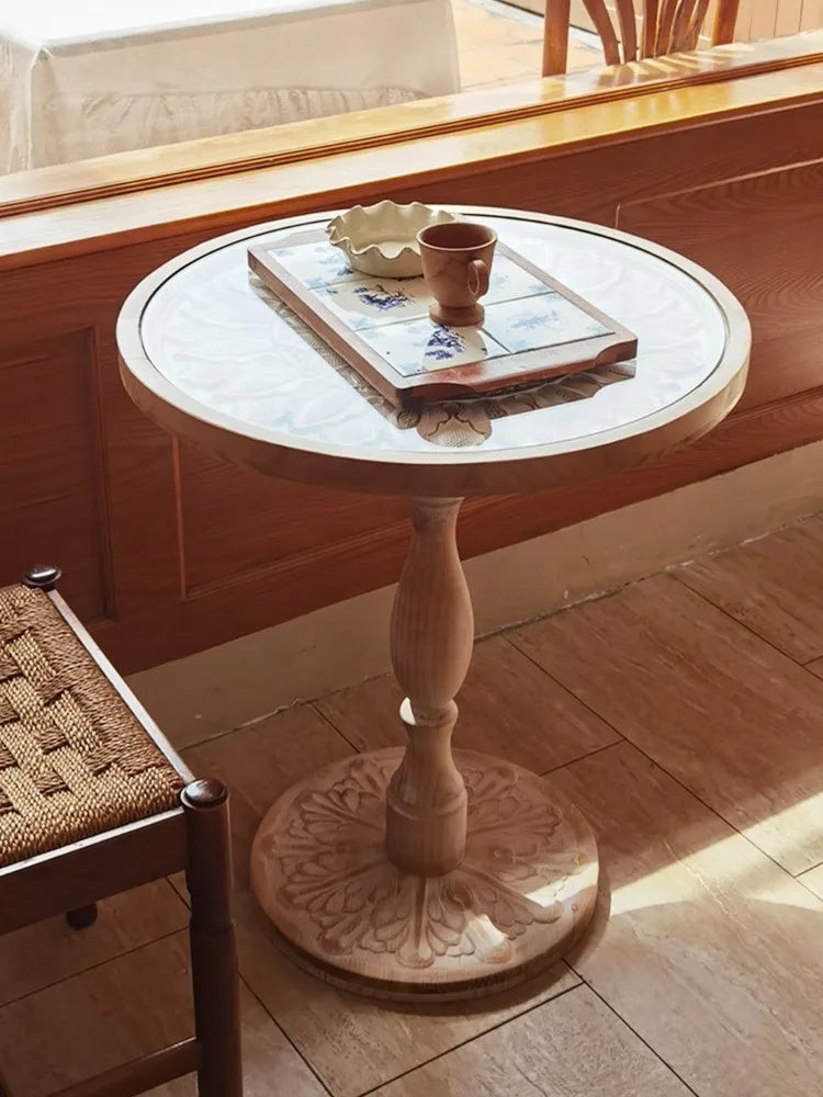 Coffee Table French Retro Sofa Side Table Solid Wood Antique Corner Table Leisure Small Round Table Moroccan B&B Carved
