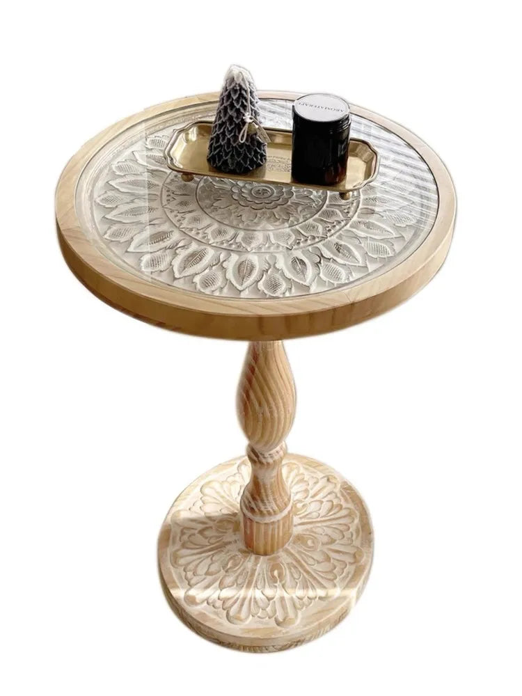Coffee Table French Retro Sofa Side Table Solid Wood Antique Corner Table Leisure Small Round Table Moroccan B&B Carved