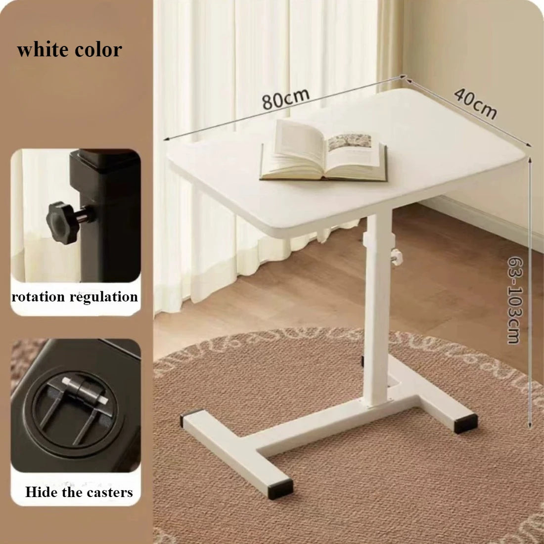 Stainless Steel Small Edge Table, Bedside Table Household Mobile Desk Bedroom with Wheels Easy Lifting Learning Desk Workbench