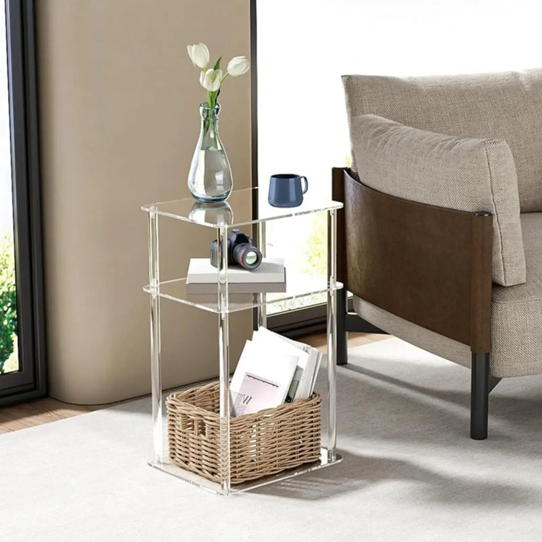 Acrylic Side Table Clear NightStand 3 Tier End Table Bedside Table Lightweight Furniture for Bedroom Home Balcony Study Entryway