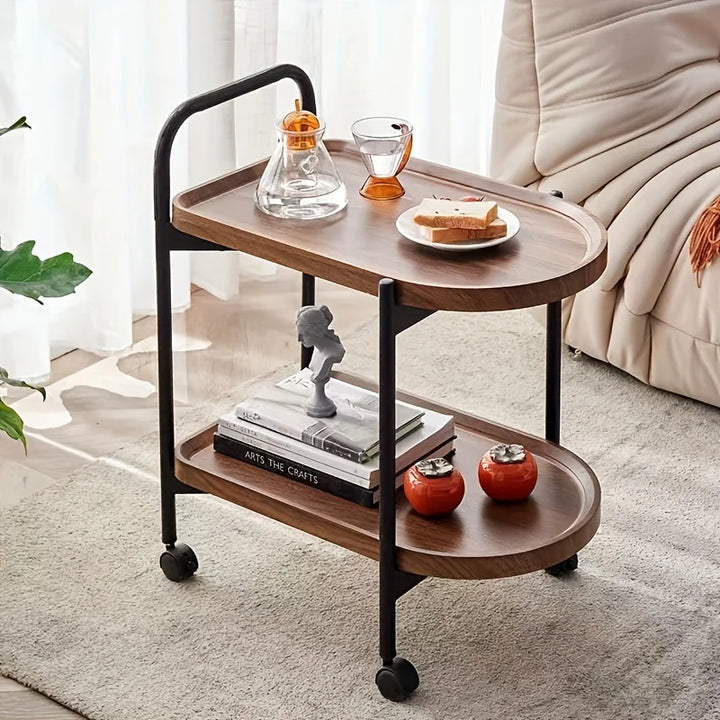 Versatile 2-Tier Rolling Side Table - Wood, Ideal for Living Room, Bedroom, Office Use