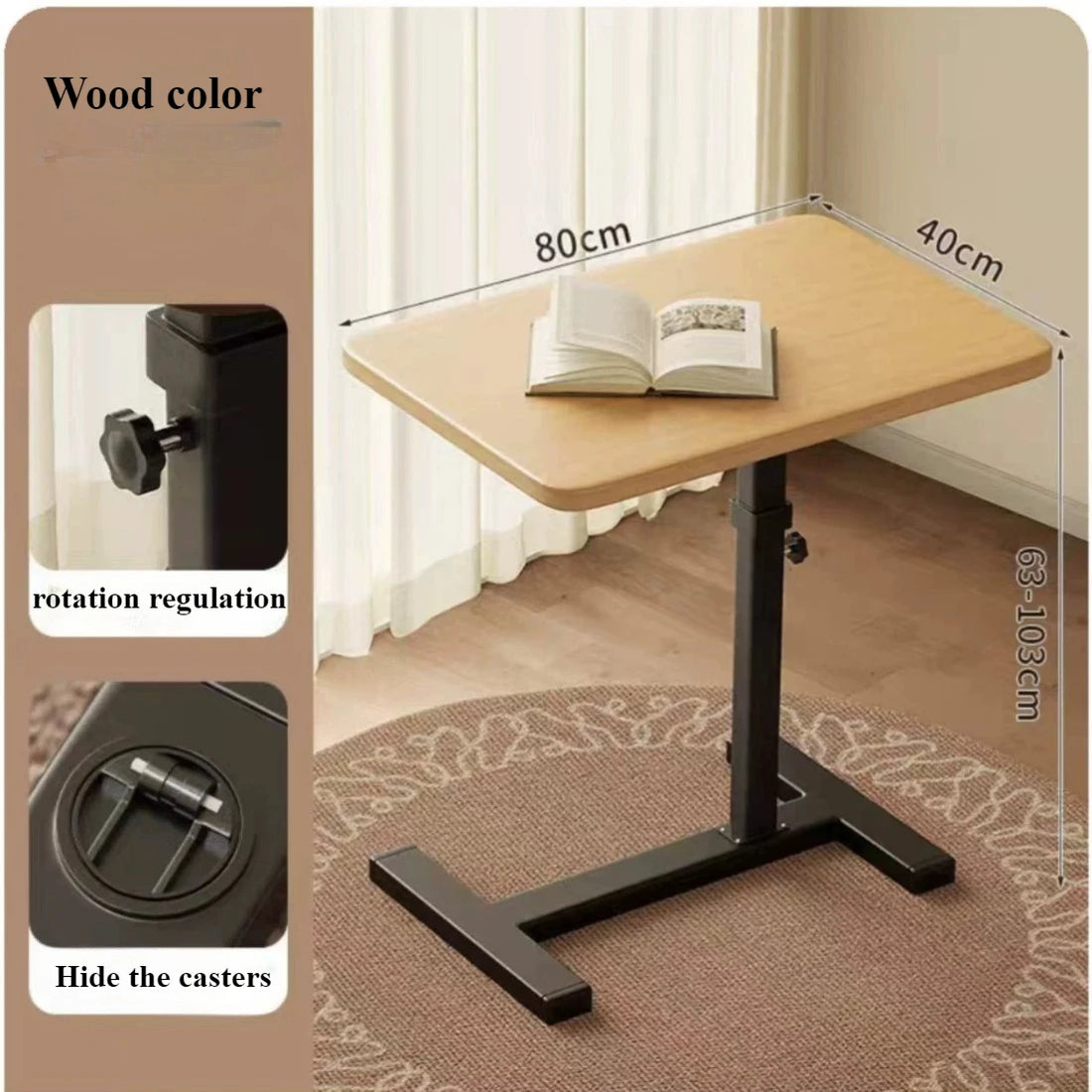 Stainless Steel Small Edge Table, Bedside Table Household Mobile Desk Bedroom with Wheels Easy Lifting Learning Desk Workbench