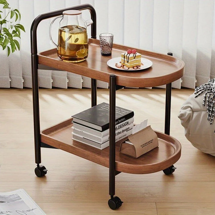 Versatile 2-Tier Rolling Side Table - Wood, Ideal for Living Room, Bedroom, Office Use