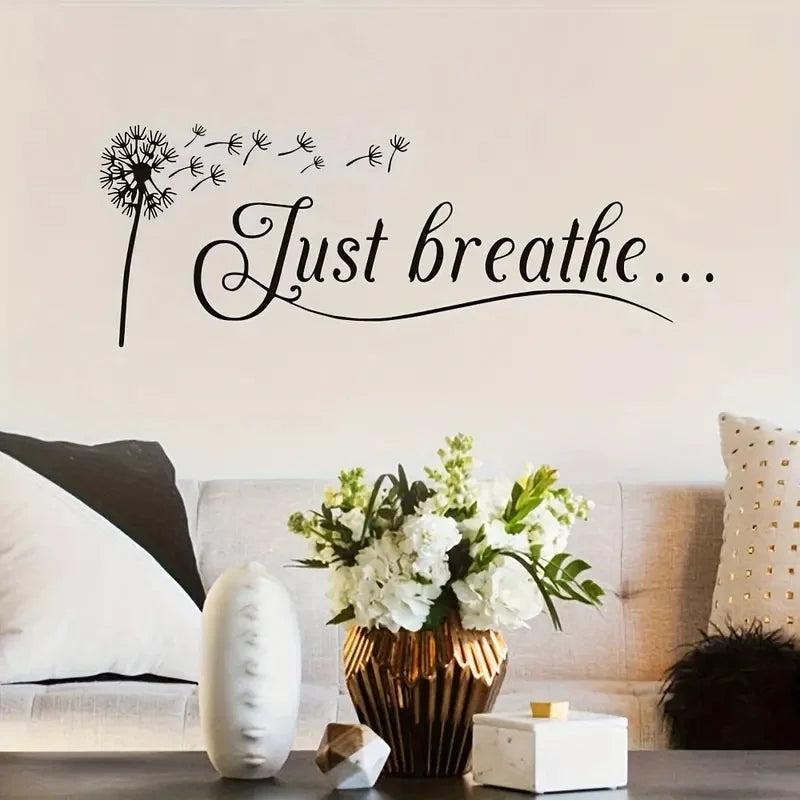 1pc Artistic Fonts PVC Wall Decal, Dandelion Just Breathe Slogan Mural, Cafe, Living Room, Office, Porch, Background Decor