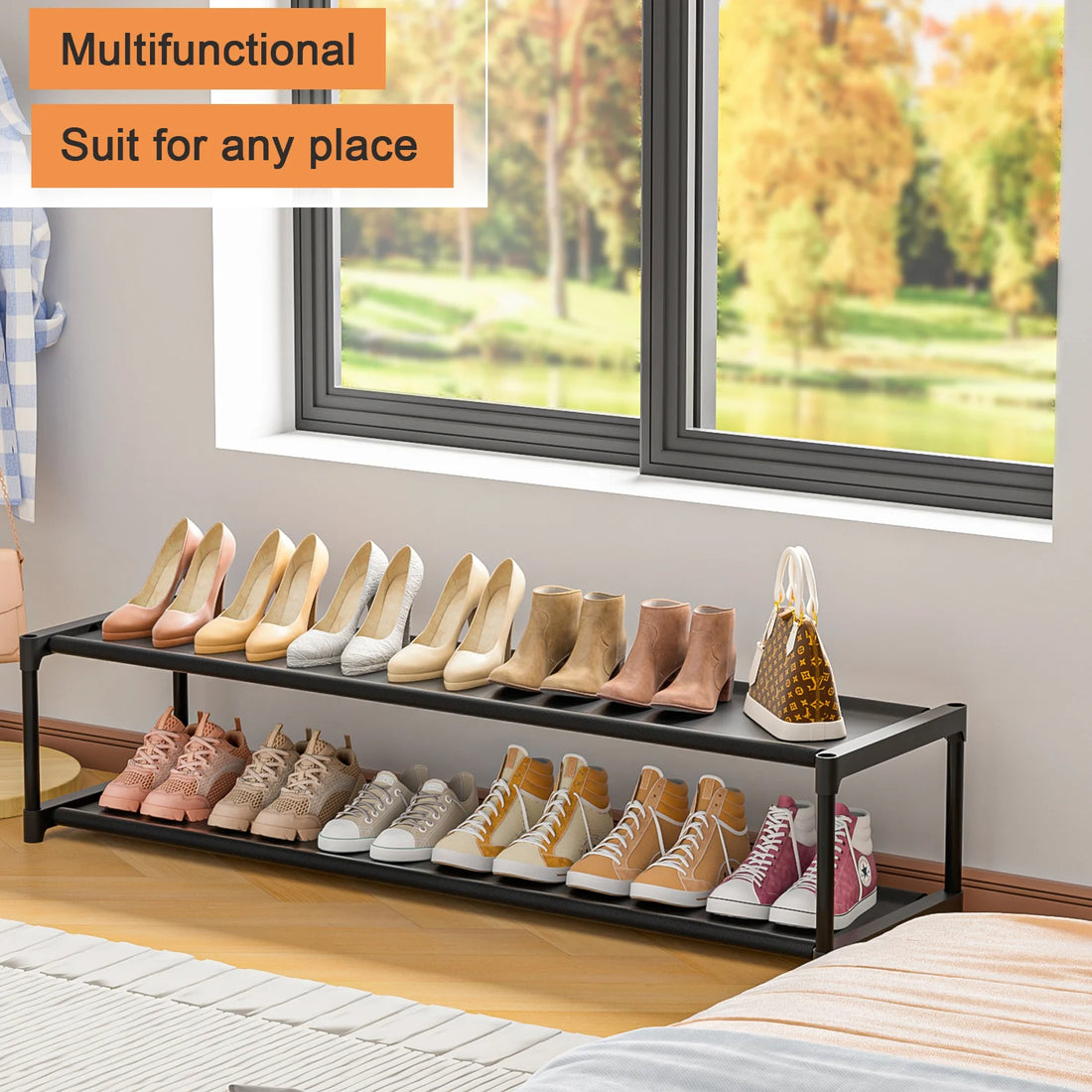 Long Shoe Rack Save Space 2 Tier, Sturdy Wide Shoe Rack for Closet, Entryway, Mudroom, Garage