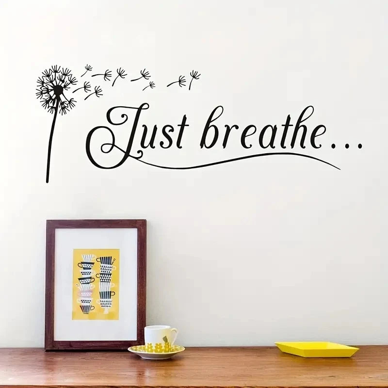 1pc Artistic Fonts PVC Wall Decal, Dandelion Just Breathe Slogan Mural, Cafe, Living Room, Office, Porch, Background Decor