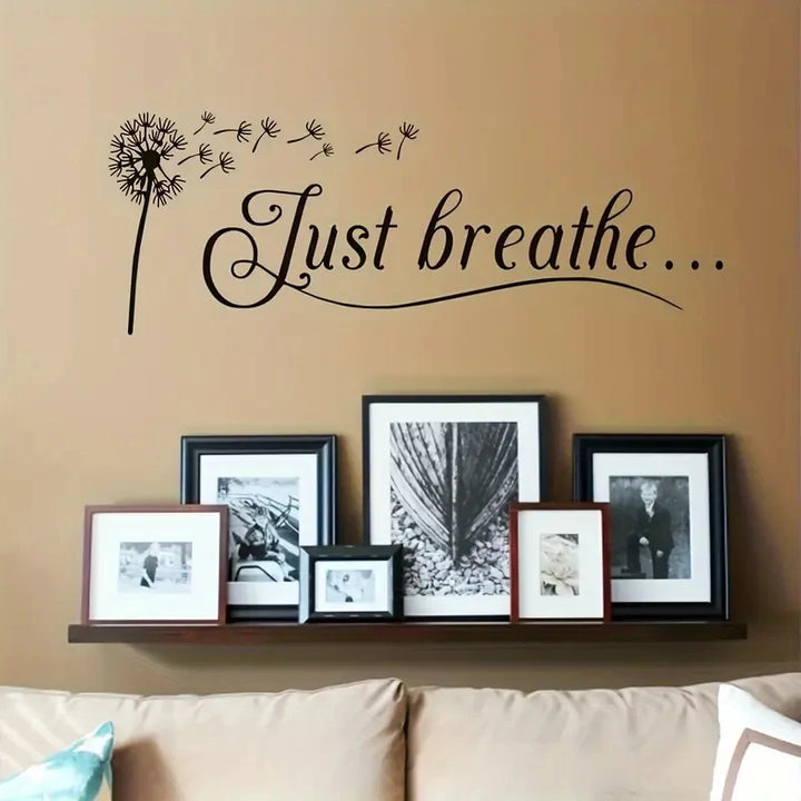 1pc Artistic Fonts PVC Wall Decal, Dandelion Just Breathe Slogan Mural, Cafe, Living Room, Office, Porch, Background Decor
