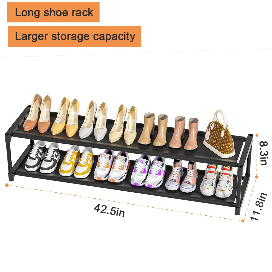 Long Shoe Rack Save Space 2 Tier, Sturdy Wide Shoe Rack for Closet, Entryway, Mudroom, Garage
