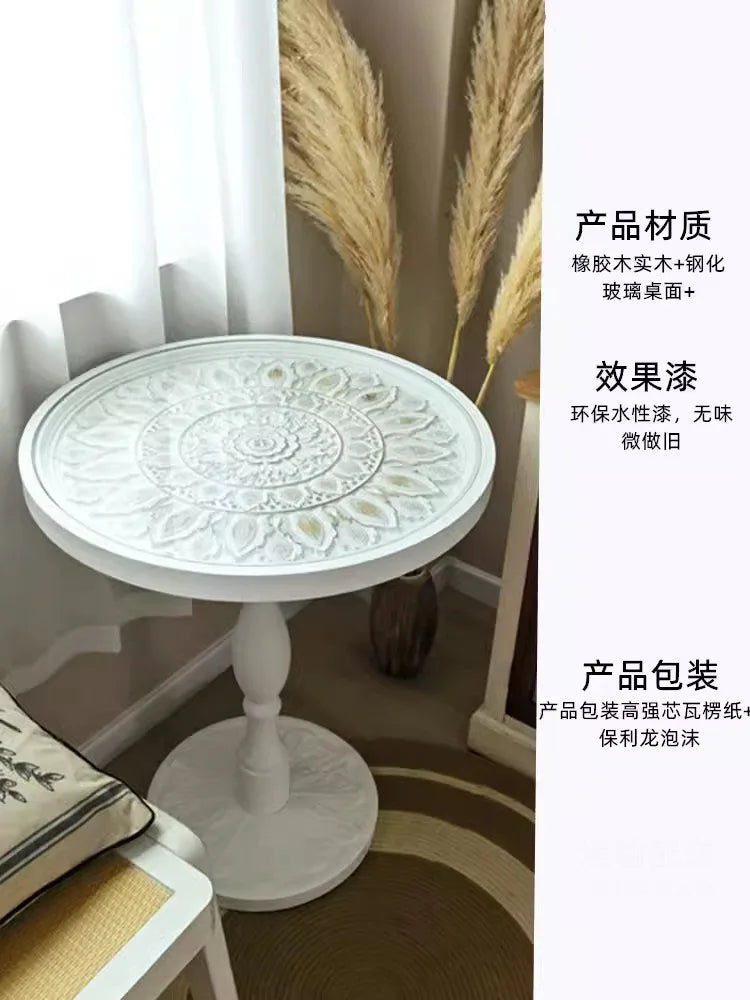 Coffee Table French Retro Sofa Side Table Solid Wood Antique Corner Table Leisure Small Round Table Moroccan B&B Carved