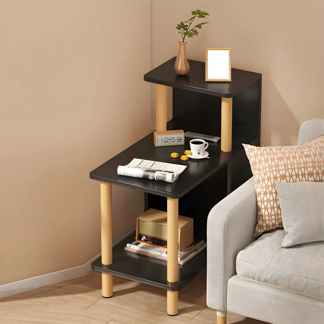 Coffee Table End Table Sofa Side Table,Coffee Table,Bed Side Table With 3-Tier Storage Shelf For Small Space