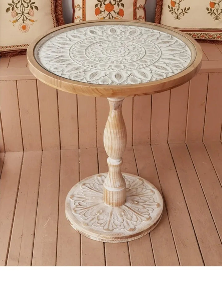Coffee Table French Retro Sofa Side Table Solid Wood Antique Corner Table Leisure Small Round Table Moroccan B&B Carved