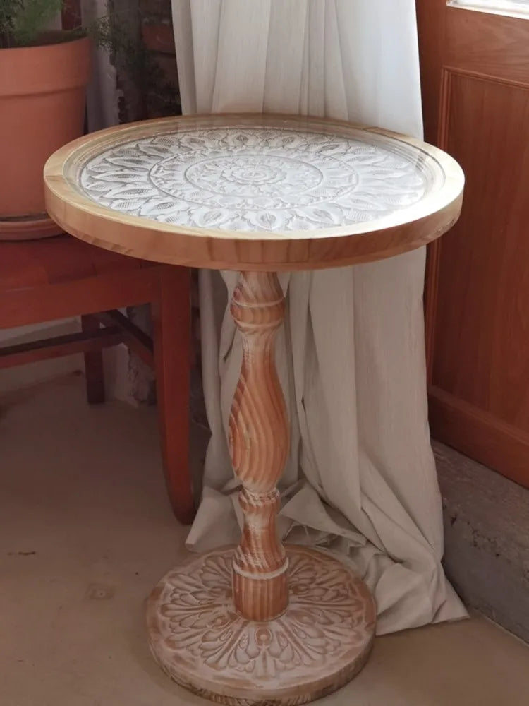 Coffee Table French Retro Sofa Side Table Solid Wood Antique Corner Table Leisure Small Round Table Moroccan B&B Carved